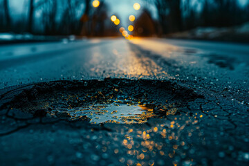 A puddle of water on a road with a hole in it