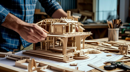 A male architect, creates a model of a house. Man working in the office. Conceptual architects, building a house.