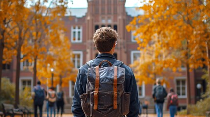 Student with a backpack looking at college facilities. Back view of Caucasian man. Concept of international education, study abroad opportunities, and cross-cultural learning. - obrazy, fototapety, plakaty