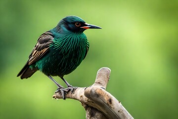 Starling Bird perched with green background and copyspace