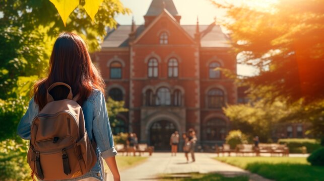Young Asian refugee woman exploring university campus. Immigrant student with backpack. Concept of education, new beginnings, immigrant journey, diversity, and cultural assimilation. Back view