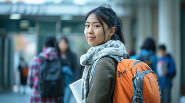 Asian female student at university campus outdoors. Young refugee woman with backpack. Concept of immigrant education, refugee integration, diversity, cultural exchange, academic aspiration.
