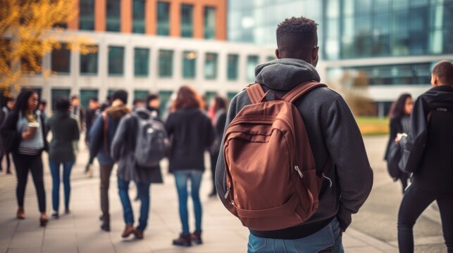 African American male student with a backpack at a university campus. Back view of man. Concept of academic aspirations, higher education, student diversity, new beginnings, and cultural integration