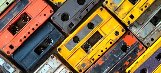 Collection of Retro cassette tapes of vivid hues. Top view. Background. Concept of vintage music, collectible items, the 80s and 90s culture, and the charm of physical media. Banner - obrazy, fototapety, plakaty
