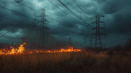 Burning dry grass in a park glade under a stormy sky, with power lines standing stark against the dark clouds. - obrazy, fototapety, plakaty