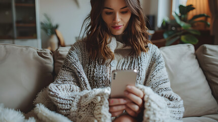 Happy millennial hispanic teen girl checking social media holding smartphone at home. Smiling young latin woman using mobile phone app playing game, shopping online, ordering delivery relax on sofa. - obrazy, fototapety, plakaty