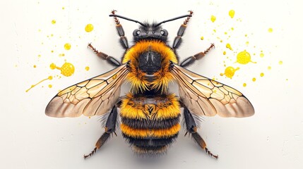 Detailed bee illustration against an abstract paint background. Realistic bee in an artistic composition. Concept of conservation, creativity in nature, and pollinator importance. Digital art - obrazy, fototapety, plakaty