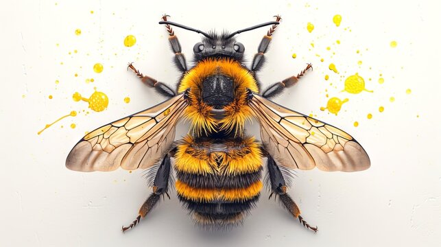 Detailed bee illustration against an abstract paint background. Realistic bee in an artistic composition. Concept of conservation, creativity in nature, and pollinator importance. Digital art