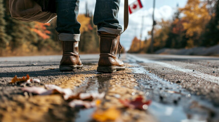 A man wearing boots and carrying a backpack stands on the pavement next to the Canadian flag and the border - obrazy, fototapety, plakaty