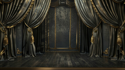 An empty stage is framed by a magnificent black and gold curtain, evoking an atmosphere of grandeur and anticipation. - obrazy, fototapety, plakaty