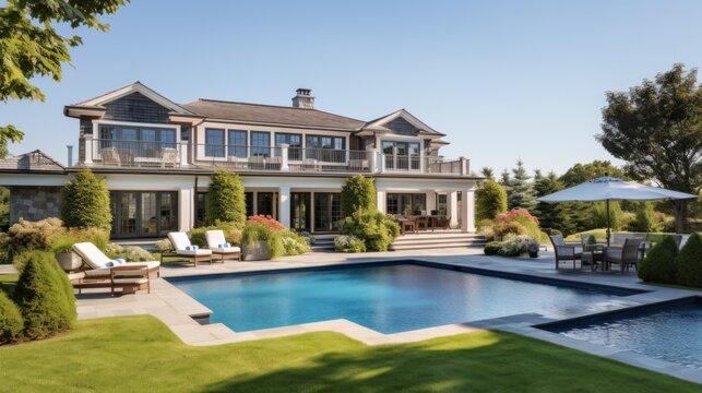 Mediterranean inspired villa with a sprawling garden and a private beach access in the exclusive Hamptons, New York