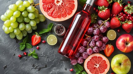 Packing for a Summer Picnic - Fruit and Wine on a Rustic Textured Countertop