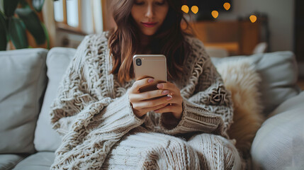 Happy millennial hispanic teen girl checking social media holding smartphone at home. Smiling young latin woman using mobile phone app playing game, shopping online, ordering delivery relax on sofa. - obrazy, fototapety, plakaty