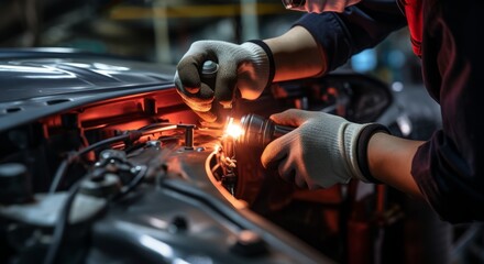Close-up of a mechanic's hands repair a car