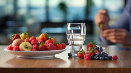 Close-up of fresh fruit and glass of water on desk with blurred nutritionist in background