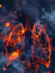 Closeup of lungs with glowing capillaries and smoke, showing health effects due to smoking or hinges on body abyssal shading The focus is on the realistic human chest area, highlighting vibrant orang - obrazy, fototapety, plakaty