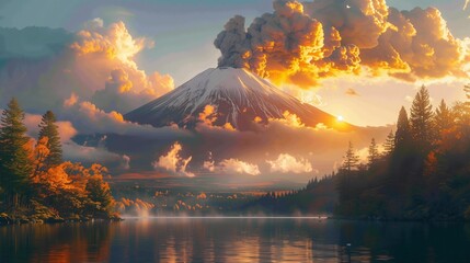 Volcanic eruption paints forest and lake with vibrant hues during the serene sunset hour. - obrazy, fototapety, plakaty