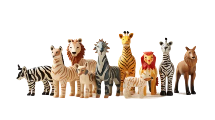 Foto auf Acrylglas Mini toy zebras and giraffes form a colorful parade on a white background © momina