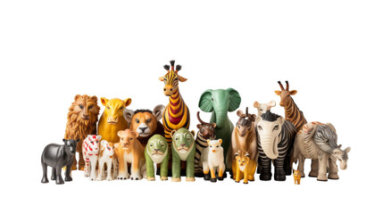 A collection of colorful toy animals lined up in a row, each standing proudly next to one another