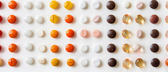 Various tablets, different shapes and purposes on a white background in rows. - obrazy, fototapety, plakaty