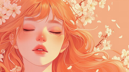 Lindo rosto feminino jovem, com cabelos longos, retratado em tons de pessego pastel