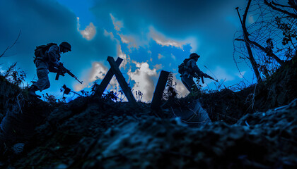 infantry forces military soldiers in uniform with Assault rifles running for attacking enemies. bottom view from trench silhouettes on sunrise sky background. Terrible war battles scene. - obrazy, fototapety, plakaty