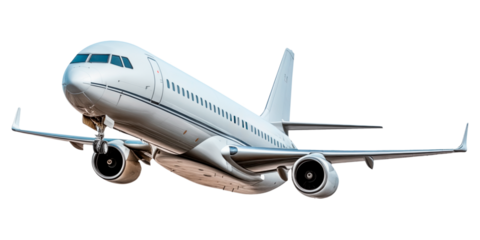 Flying airplane isolated on a white or transparent background. Close-up of a white airplane, side view. Concept of vacation, traveling abroad. Graphic design element.