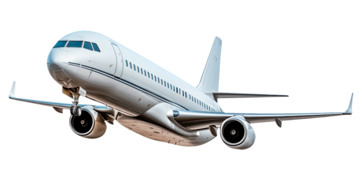 Flying airplane isolated on a white or transparent background. Close-up of a white airplane, side view. Concept of vacation, traveling abroad. Graphic design element.