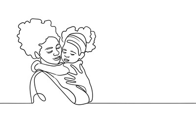 Mother and child continuous line art drawing isolated on white background. Childhood line art drawing. Vector illustration