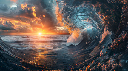 Tunnel of water of ocean waves against the backdrop of a beautiful sunset. Stunning dynamism sea wave with splashes for background.