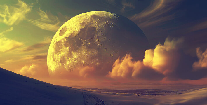 Dramatic dune futuristic sci-fi illustration: expansive desert under a looming moon, invoking the epic scale and mystery of space exploration