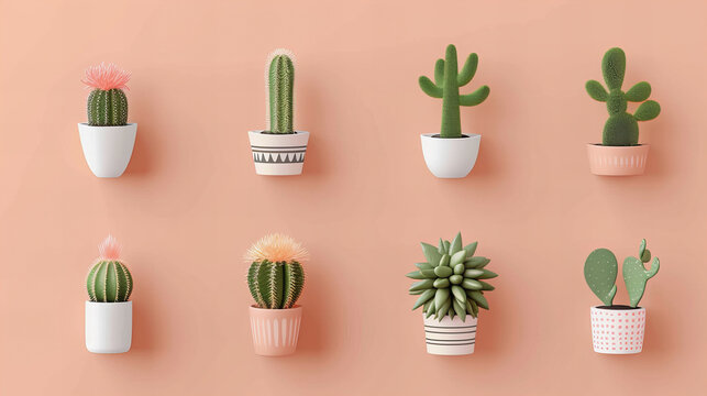 Cactos em miniatura organizados em um vaso, sobre um fundo em tom de p&ecirc;ssego pastel