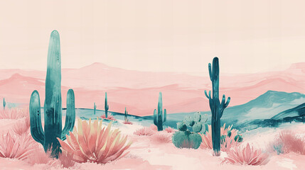 Cactos verdes no deserto, com montanhas ao longe e predominância da cor pêssego pastel