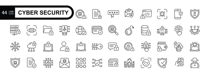 Fototapeta na wymiar Cyber security editable stroke line icons set. Technology concept icons pack .