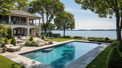 Mediterranean inspired villa with a sprawling garden and a private beach access in the exclusive Hamptons, New York