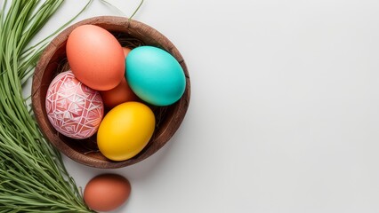 Colorful easter eggs in a wooden bowl on a white background - Powered by Adobe
