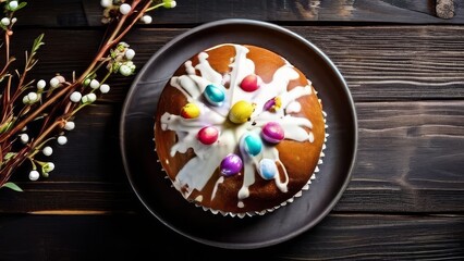 Easter cake and eggs on dark wooden background. Top view.