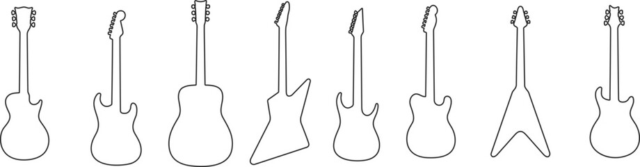Black line guitars collection.  electric guitar musical instruments Vector silhouette guitar doodle set.