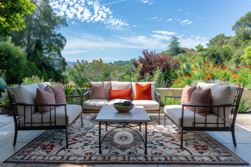Fototapeta premium A patio with a white couch and orange pillows, a table with a bowl on it