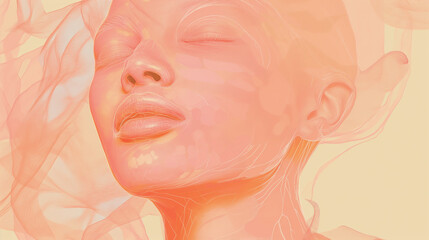 Um rosto feminino com olhos fechados em tons de pêssego pastel, transmitindo um sentimento de serenidade, em uma arte ilustrativa