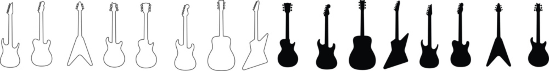 Black flat and line guitars collection electric guitar musical instruments Vector silhouette guitar doodle set.