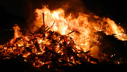 Close-up of a huge Easter fire. This is a festive event in many German villages