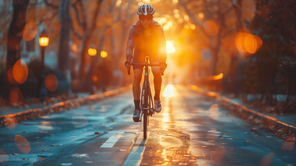 Sunrise cycling adventure, a rider in a streamlined posture speeding across a bridge with the morning sun casting a warm glow - Powered by Adobe