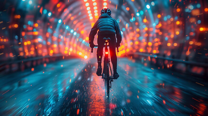 The powerful form of a cyclist cutting through the cool air on a neon-lit bridge, city lights...