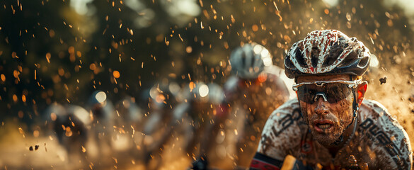 Close-up action shot of a leading cyclist at the ABSA Cape Epic, determination etched on their face, muscles tensed and dirt-splattered, against a backdrop of cheering crowds