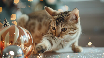 A heartwarming scene of a cat pawing gently at a reflective, shimmering birthday decoration, with a...
