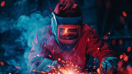 Welder in Action with Colorful Sparks Flying