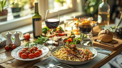Fototapeta na wymiar Served table with italian food - seafood pasta, salad and wine with window light