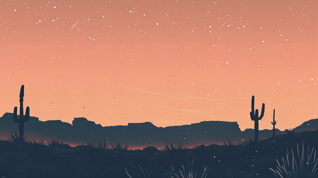 Silhuetas de cactos destacam-se contra o céu do deserto tingido de laranja com tons de pêssego no crepúsculo,