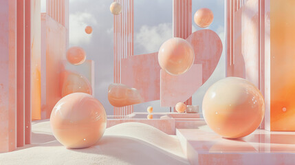 Cenário futurista abstrato com pilares, nuvens e esferas, todos em tons de pêssego pastel, surrealista - obrazy, fototapety, plakaty